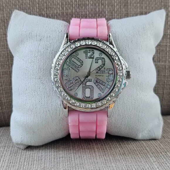Women Wristwatch Pink Rubber Strap Silver Tone Case Crystal Accent Bezel Watch - Picture 2 of 11